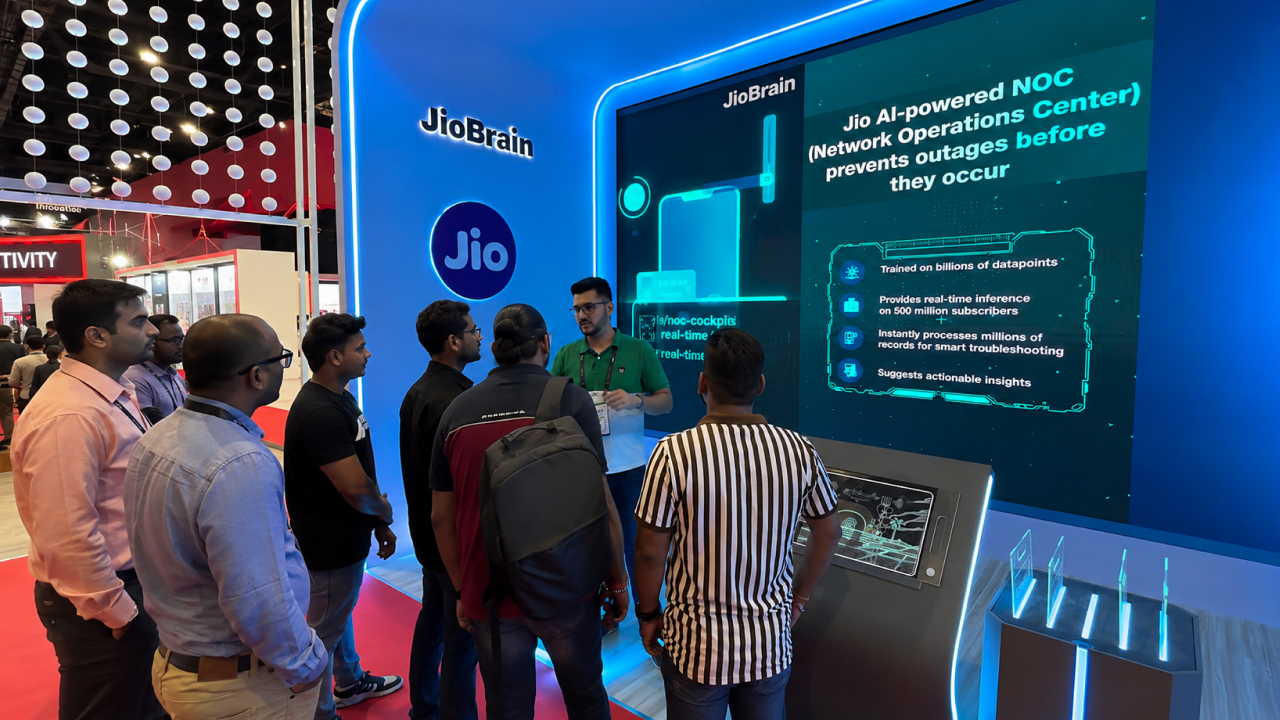 presenter explains the JioBrain AI network operations demo to expo visitors